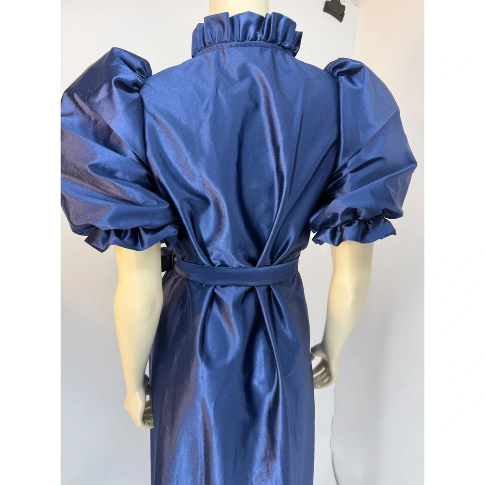Vintage Puff‎ Sleeve Satin Robe Royal Blue Ruffle Neck Tie Waist Maxi Wrap M/L